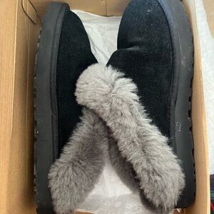 UGG Black and Gray Fur Slippers